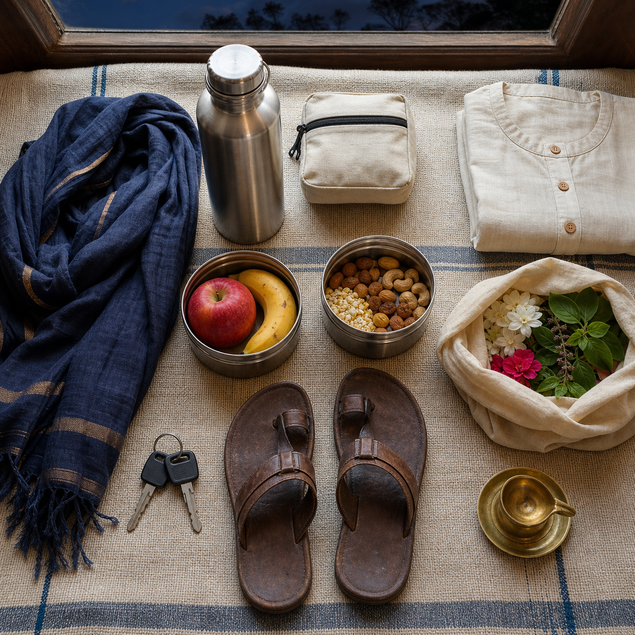 Vehicle keys, water, food, rain protection, simple clothing, offerings, sandals, first-aid supplies, and a brass lamp are arranged for a pre-dawn pilgrimage check.