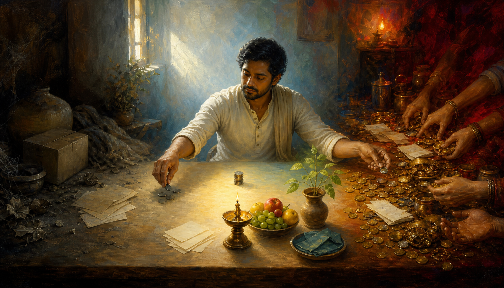 A householder sorts financial objects across clear, restless, and neglected areas of a table, moving resources toward the calm and orderly side.