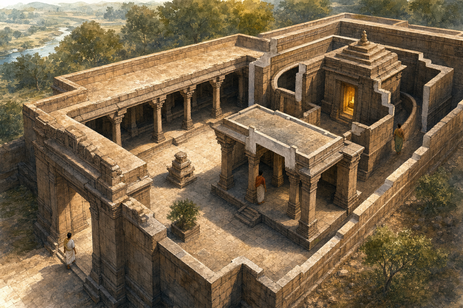 A cutaway view of a stone temple complex shows pilgrims moving from the outer gateway through a courtyard and around the central sanctum.