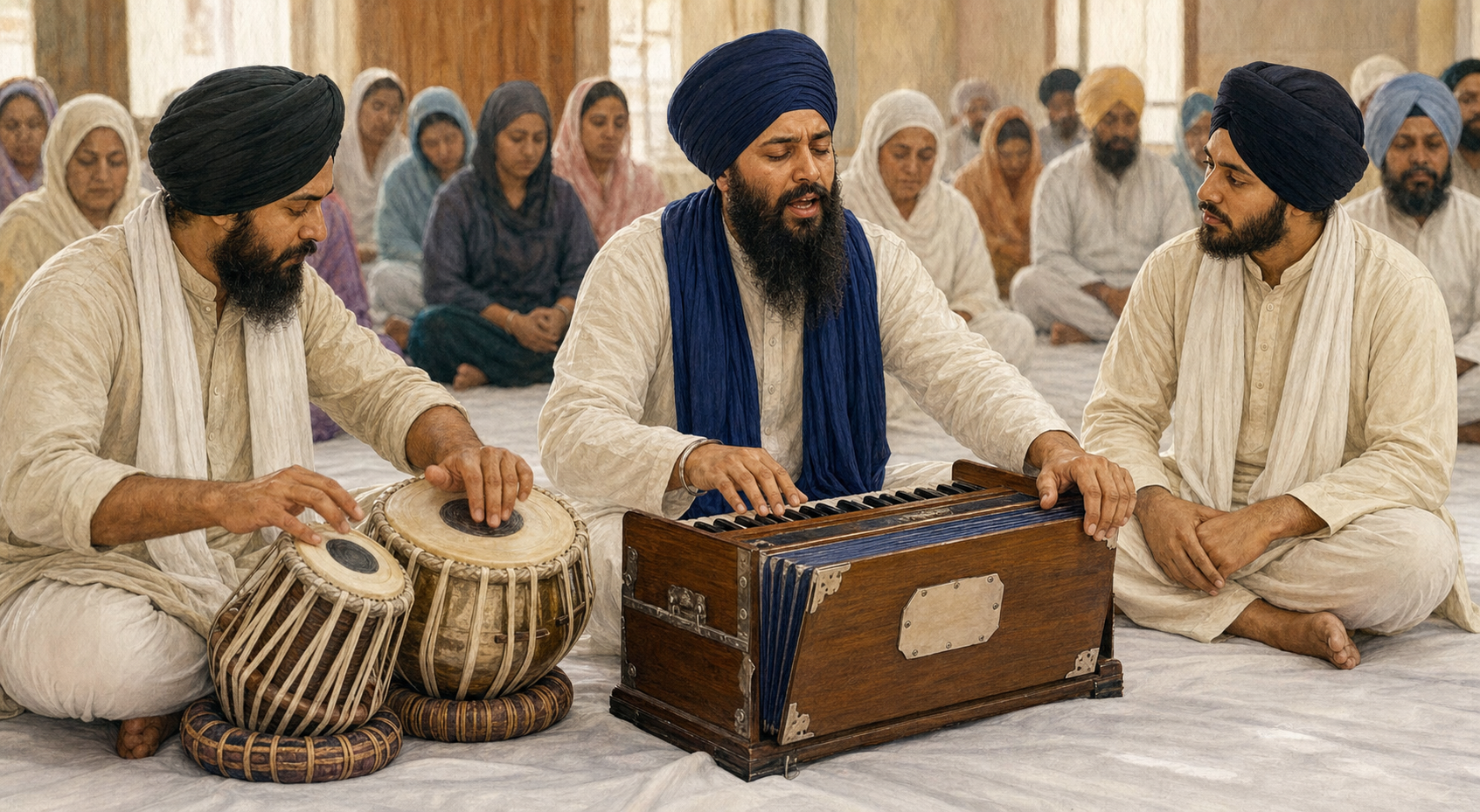 Three head-covered Sikh devotional musicians sit together as one sings with a harmonium and another plays tabla.