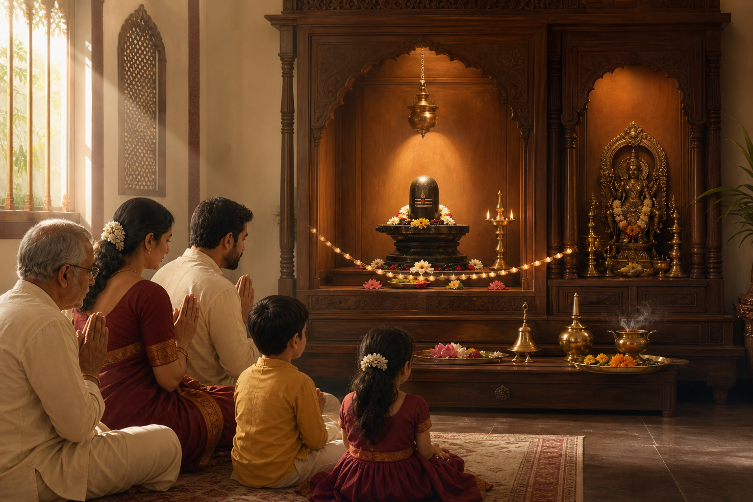 A multigenerational family worships at a home altar with a brass family deity in one niche and a Shiva linga in a separate daily shrine.