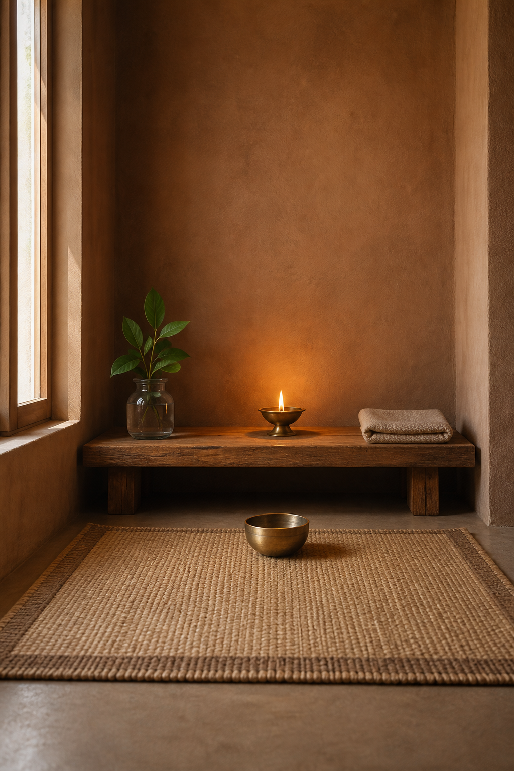 A simple home shrine corner uses a woven mat, low wooden shelf, water vessel, leaves, and a central oil lamp to create a clear approach and focal point.