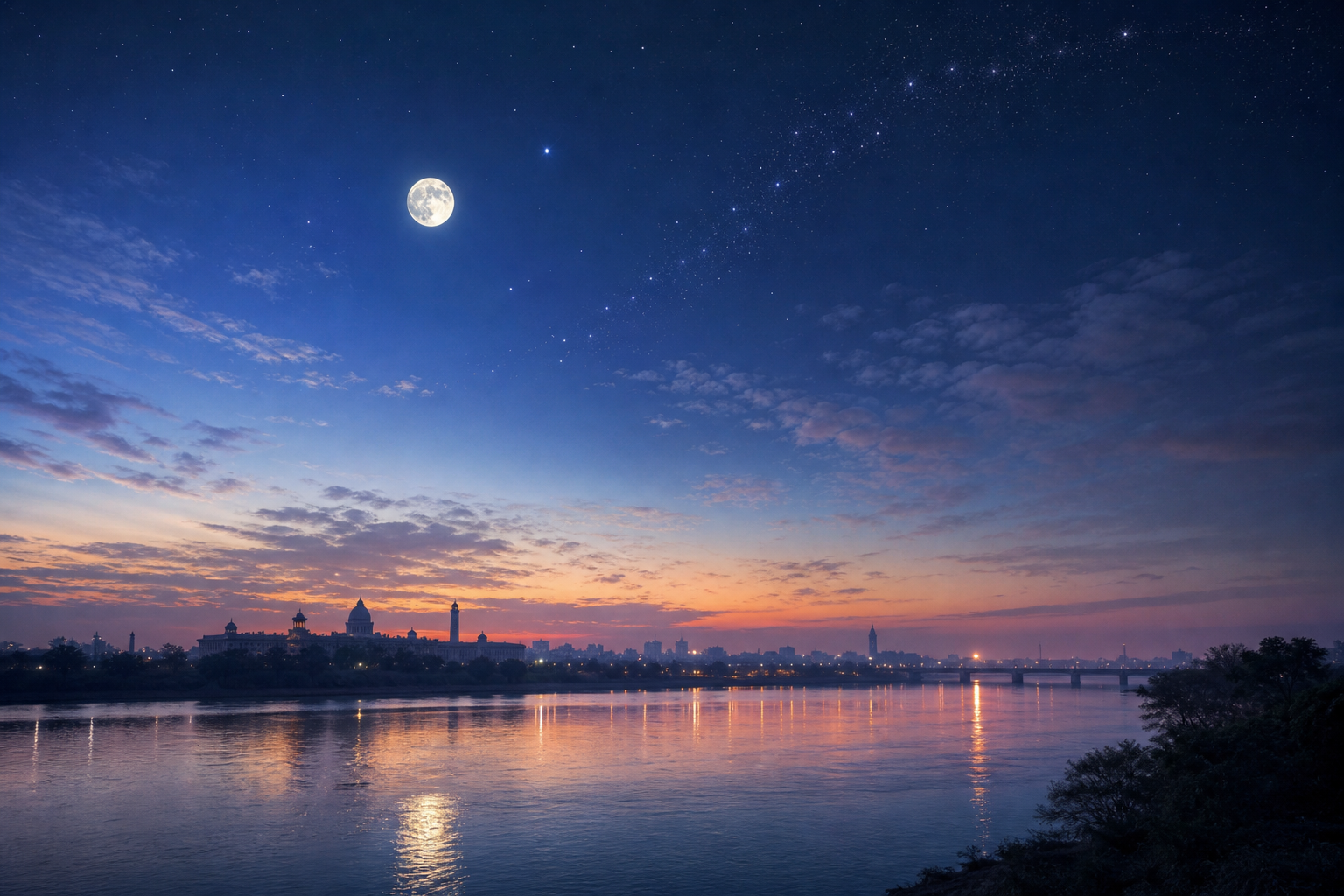 The moon and a luminous star cluster above the Yamuna river and the distant New Delhi skyline at dawn.