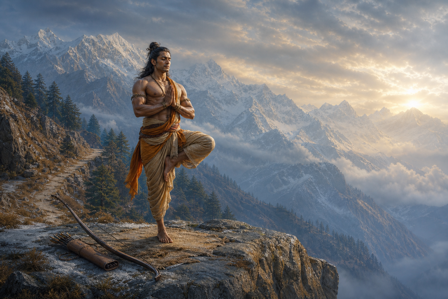 Arjuna balances in meditation on a Himalayan ledge while his bow and quiver rest on the ground beside him at dawn.