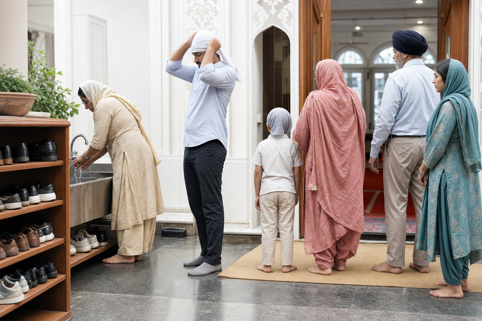 Visitors place shoes on shelves, cover their heads, and wash their hands before entering a gurdwara prayer hall.