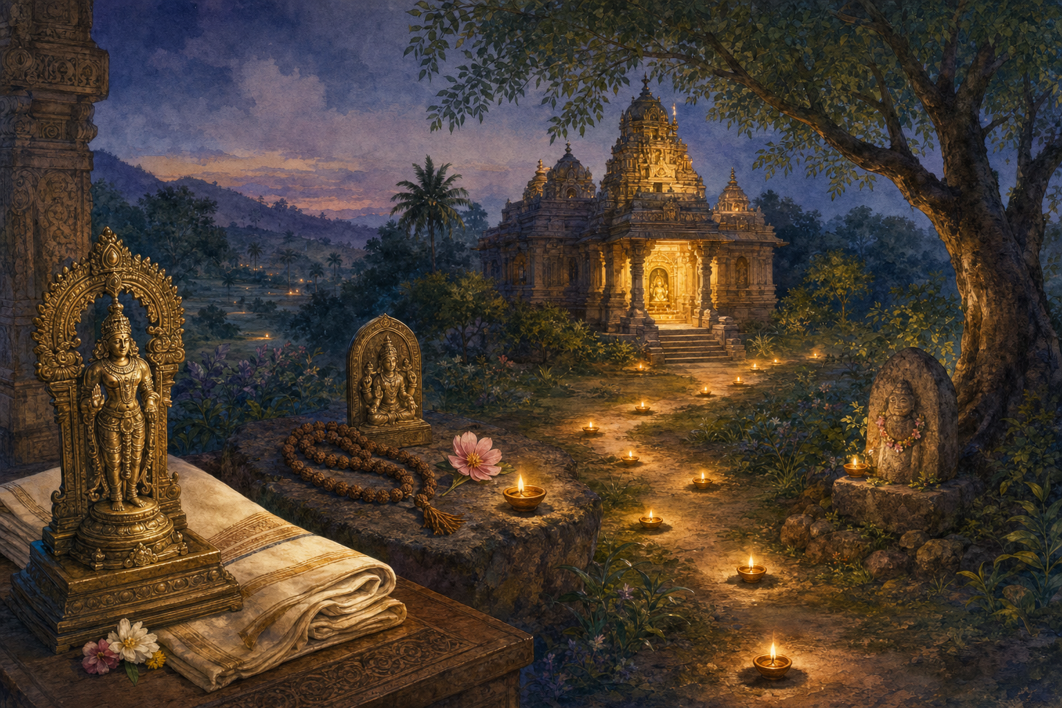 A continuous devotional landscape connects an heirloom home shrine, a personal prayer setting, a luminous temple sanctum, and a guardian stone beneath a neem tree.