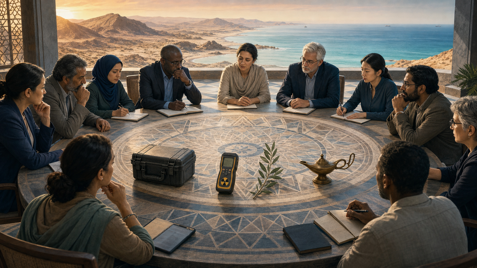 Policy specialists, technical inspectors, and community representatives sit around a table holding inspection equipment, an olive branch, and an unlit oil lamp, with an arid landscape and ocean horizon behind them.