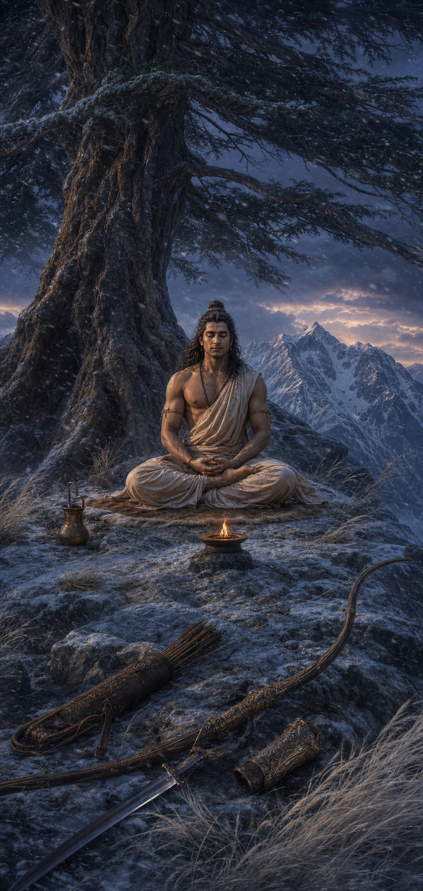 Arjuna meditates beneath a Himalayan cedar as wind and snow move around him and his weapons remain set aside.
