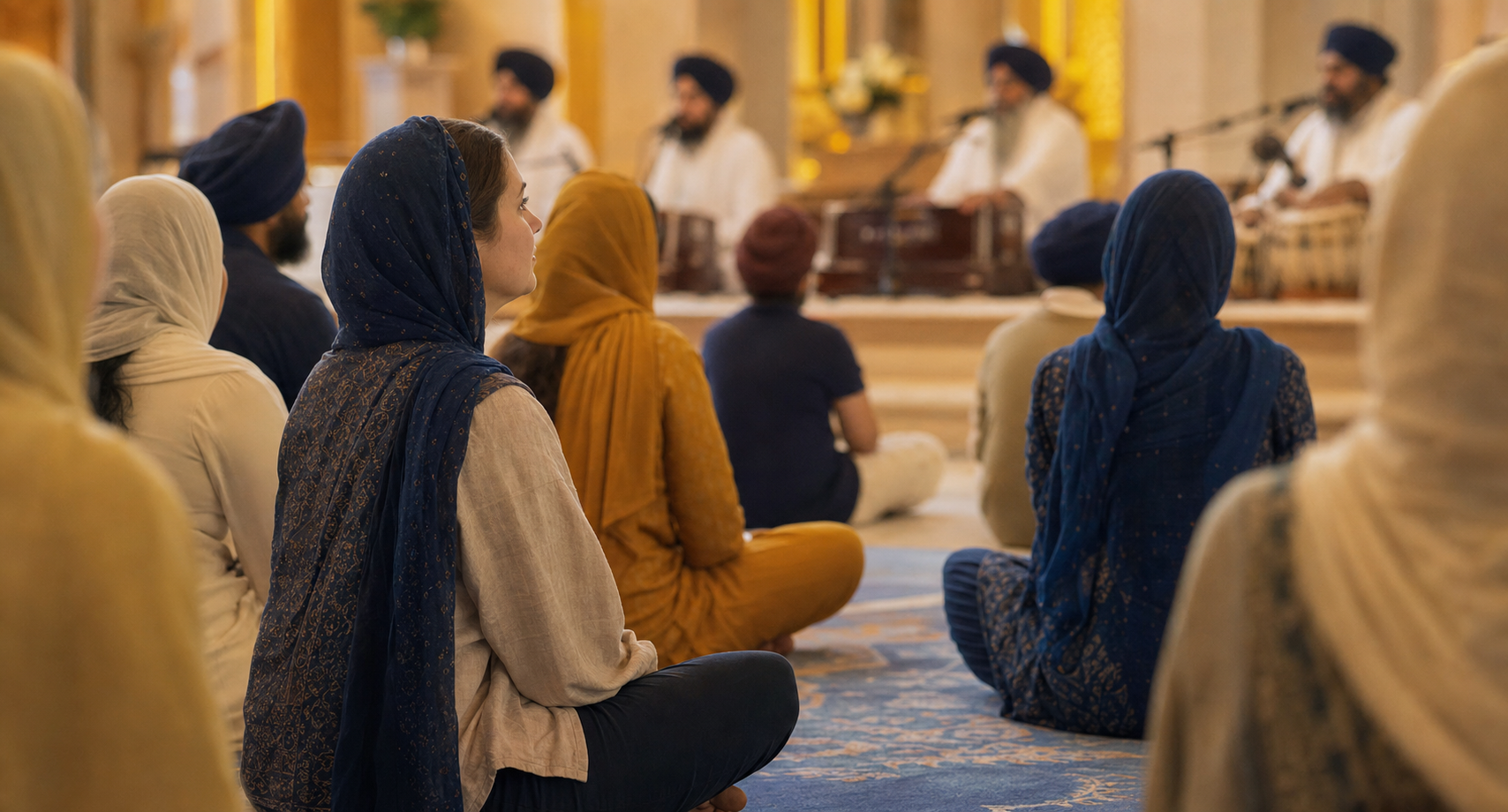 A head-covered visitor sits quietly among other congregants and listens to devotional musicians in a gurdwara.
