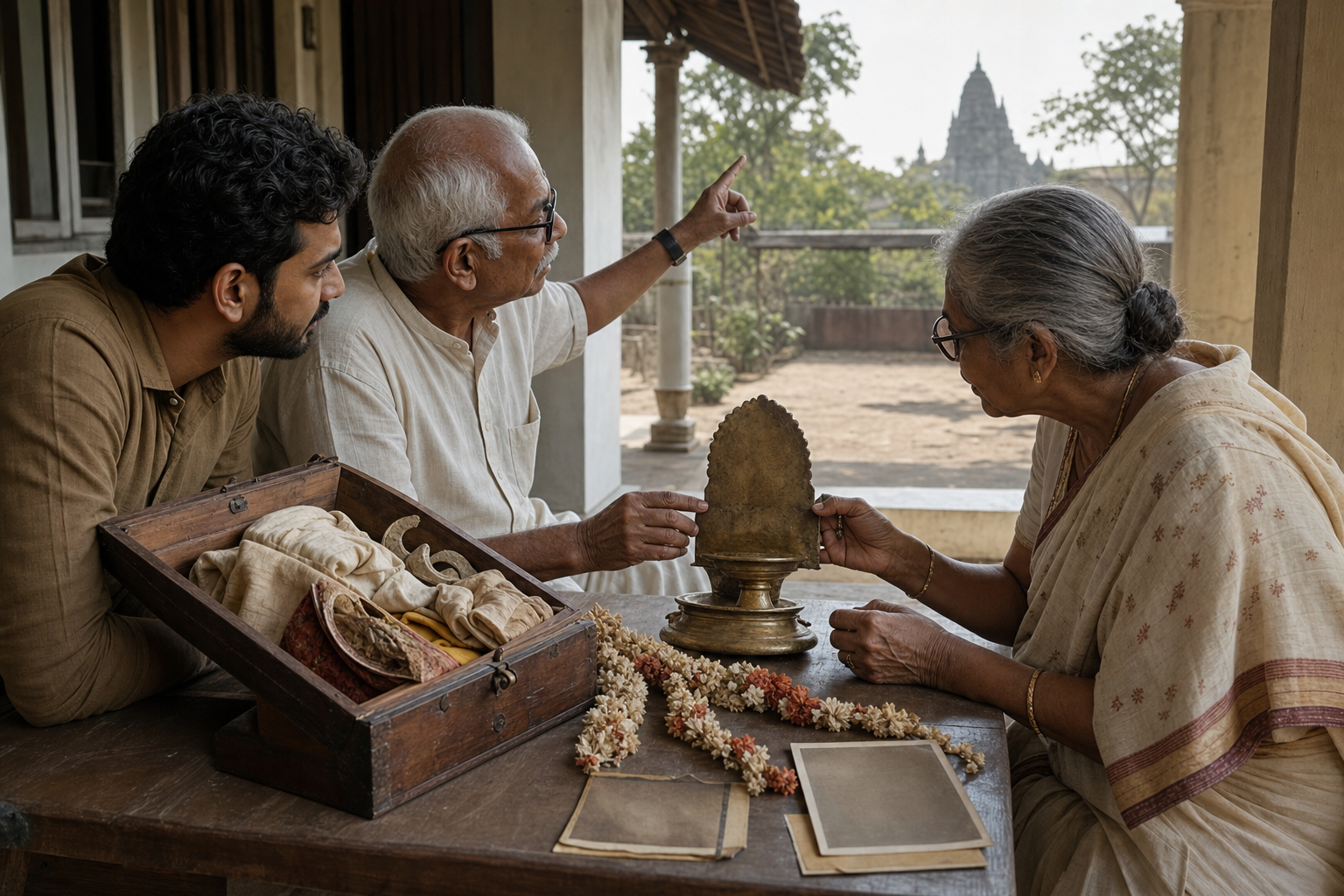 A younger adult consults two elders who examine preserved ritual objects and an old shrine photograph beside an open family trunk.