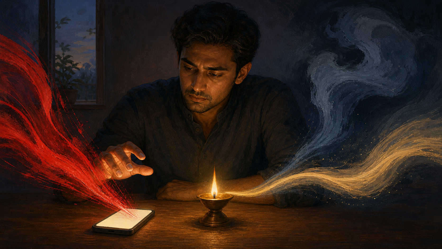 A person pauses with a hand above a glowing phone while red, blue-gray, and gold currents converge around a small oil lamp.