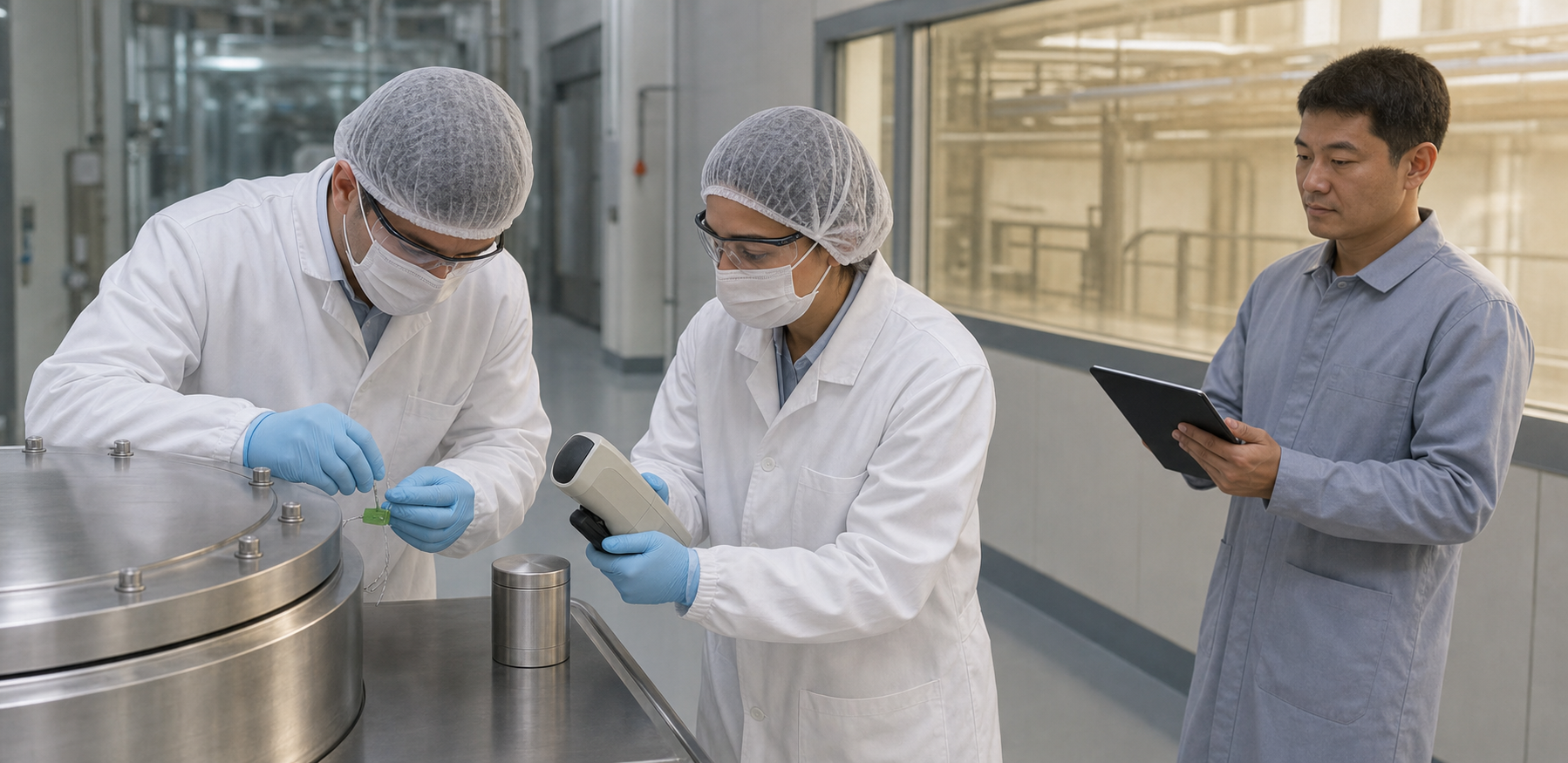 Two technical inspectors check a seal and radiation instrument on generic industrial equipment while an engineer observes inside a controlled research facility.