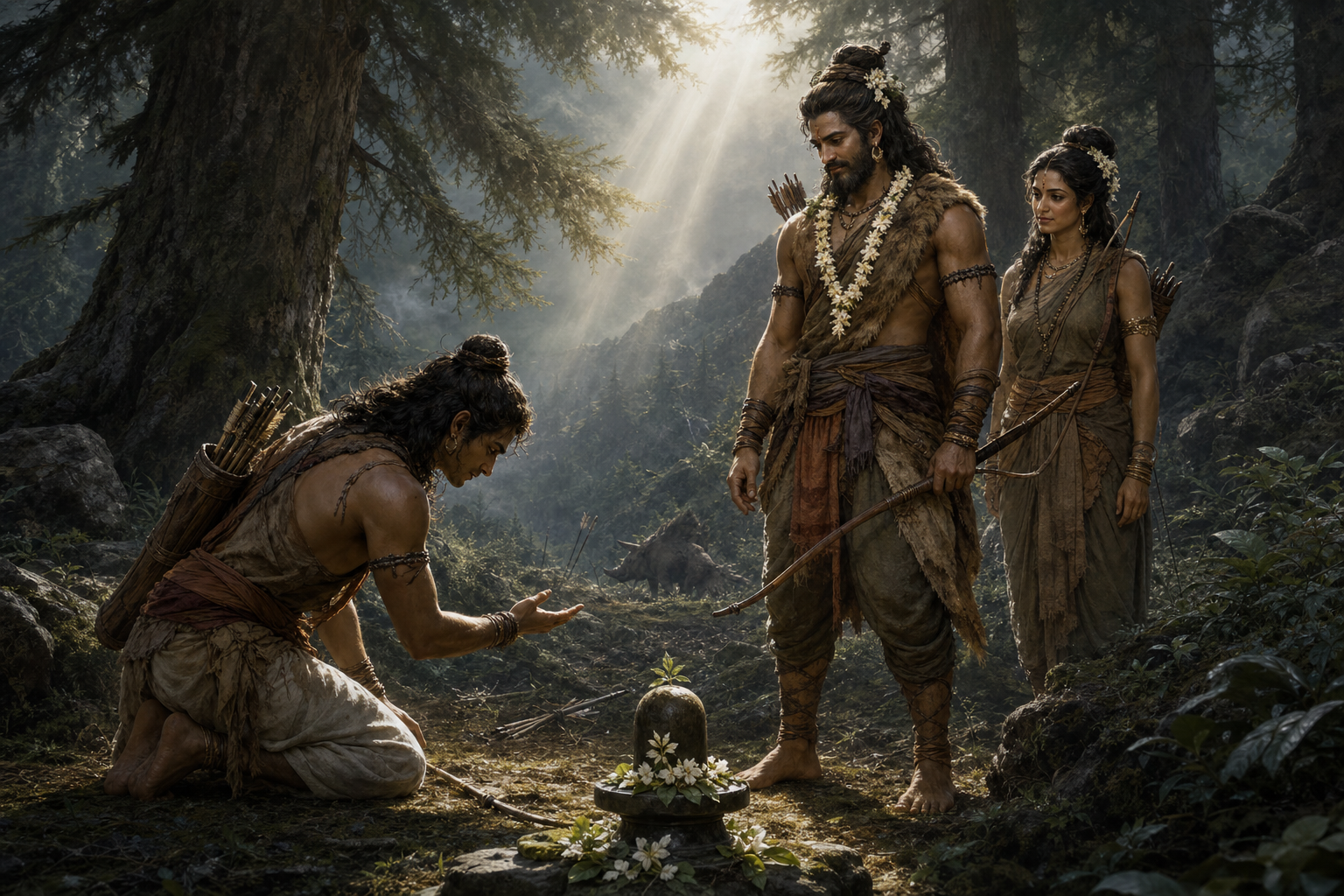 An exhausted Arjuna kneels before the bow-carrying Kirata and a huntress in a Himalayan forest, with an earthen linga and flowers in the foreground.