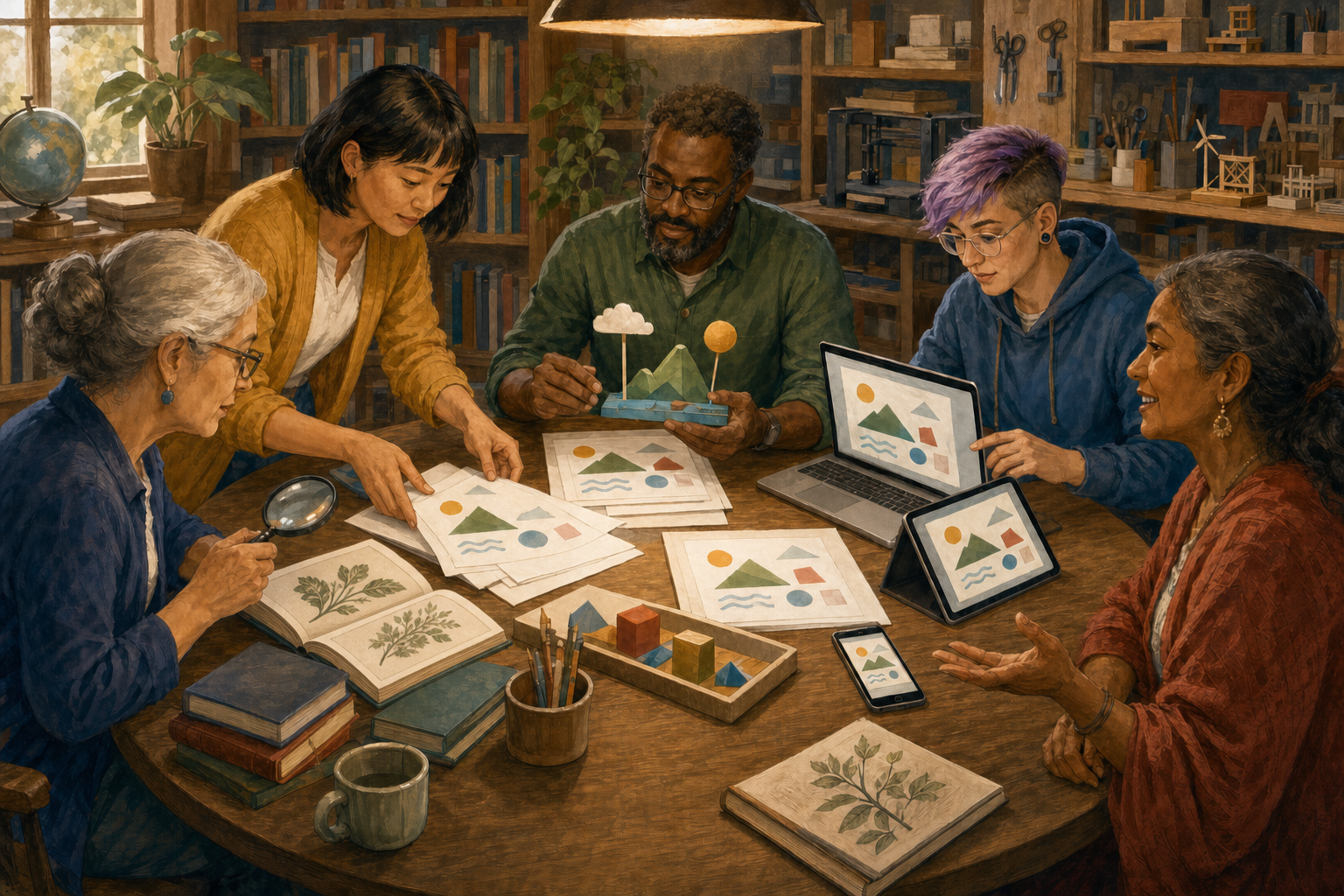 An educator, librarian, specialist, technologist and community member review learning materials together around a round table.