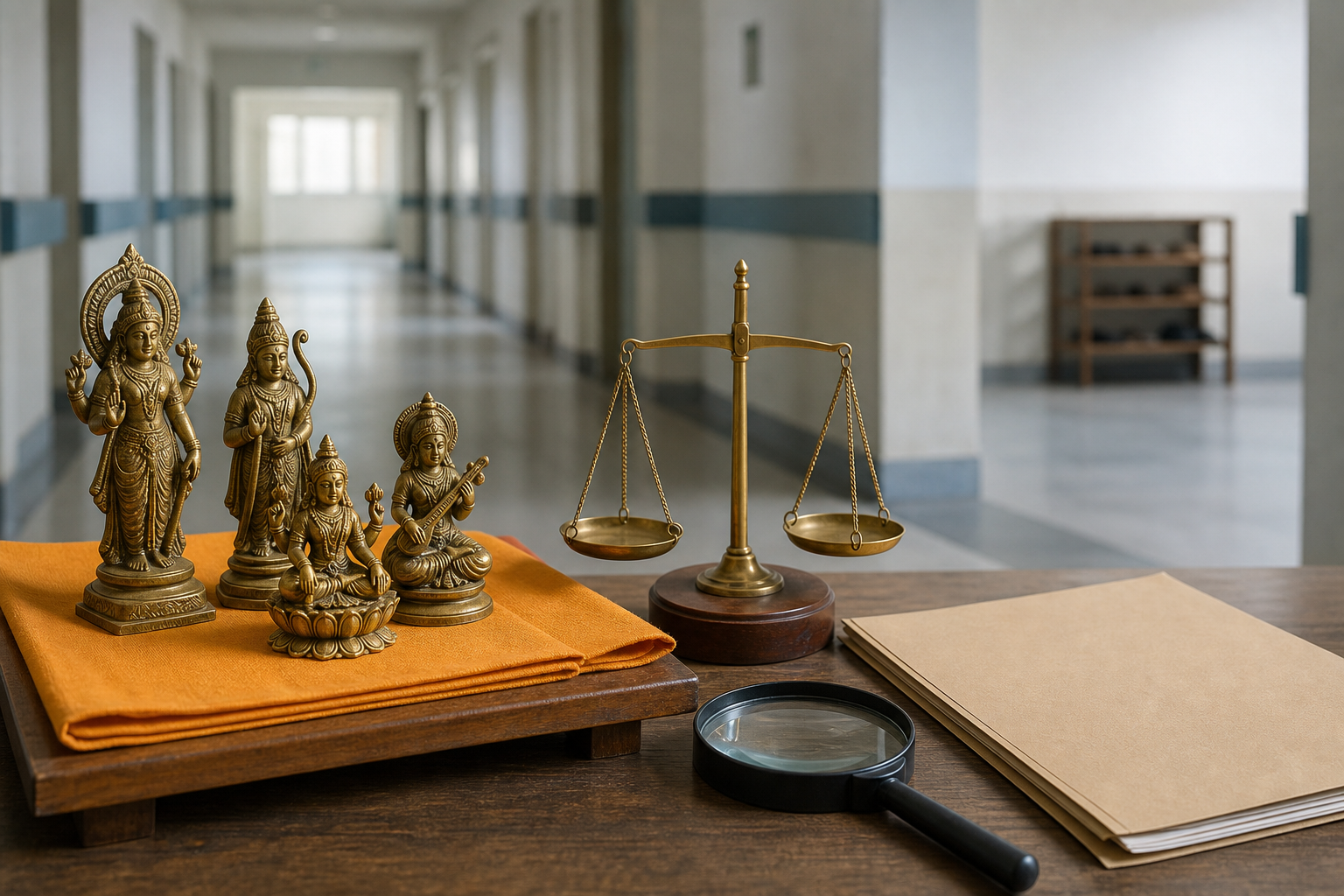 Small brass Hindu murtis rest respectfully on a cloth beside a magnifying glass, an unmarked file, and balanced justice scales in a hospital corridor.
