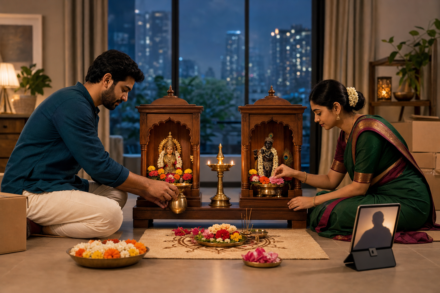 A couple arranges two inherited shrine boxes and a shared brass lamp in a modern apartment while consulting an elder by video call.