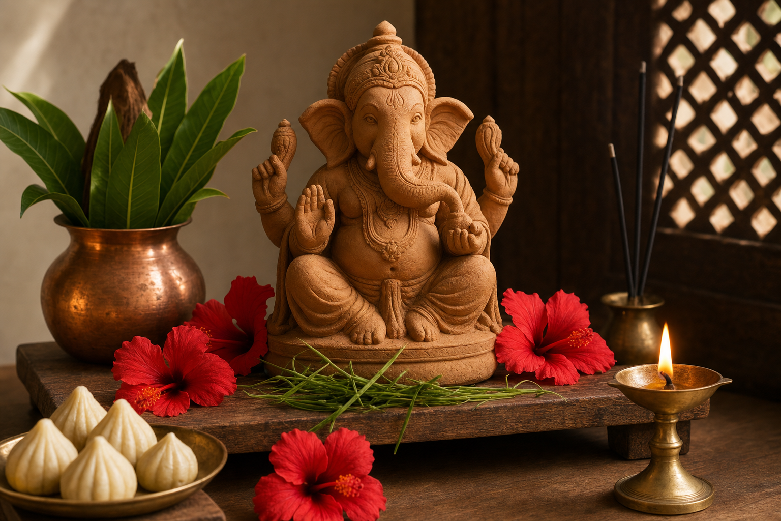 Clay Ganesha murti on a home altar with hibiscus flowers, durva grass, modaks, a kalash, incense, and a lit brass lamp.