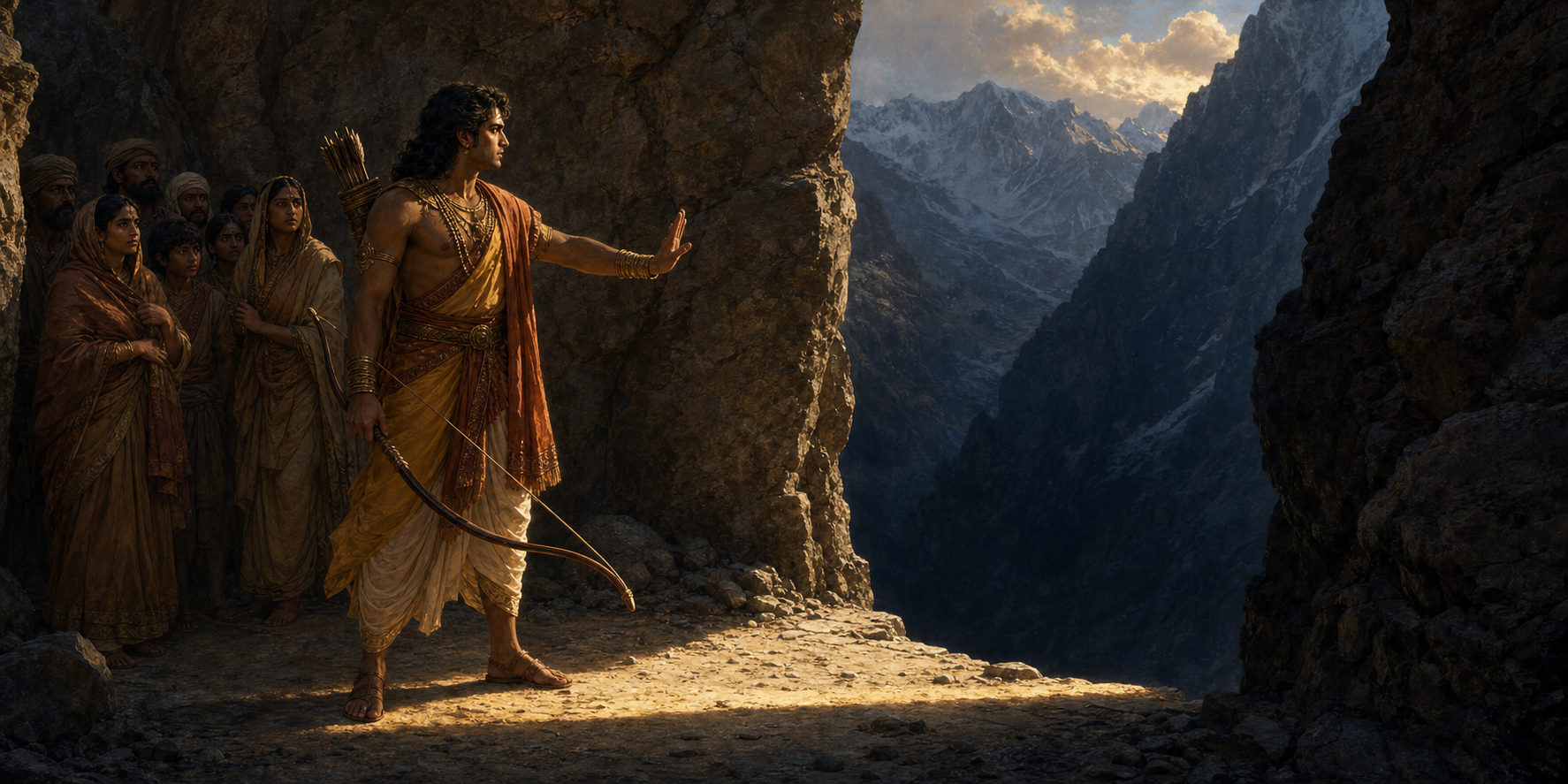 Arjuna stands protectively before unarmed travelers at a mountain pass, holding his bow lowered with no arrow nocked.