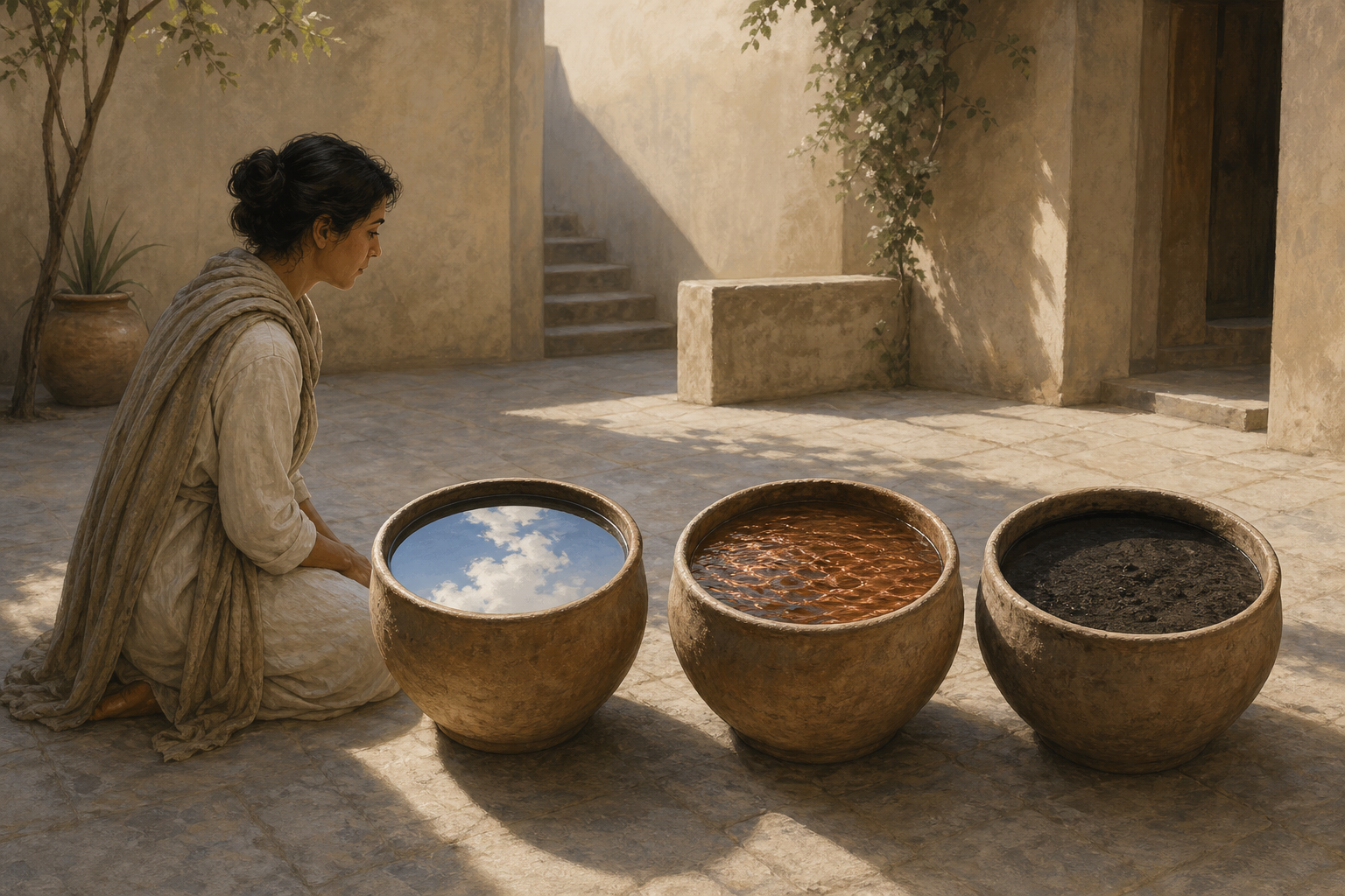 A person examines three clay vessels containing clear, turbulent, and sediment-clouded water in a sunlit courtyard.