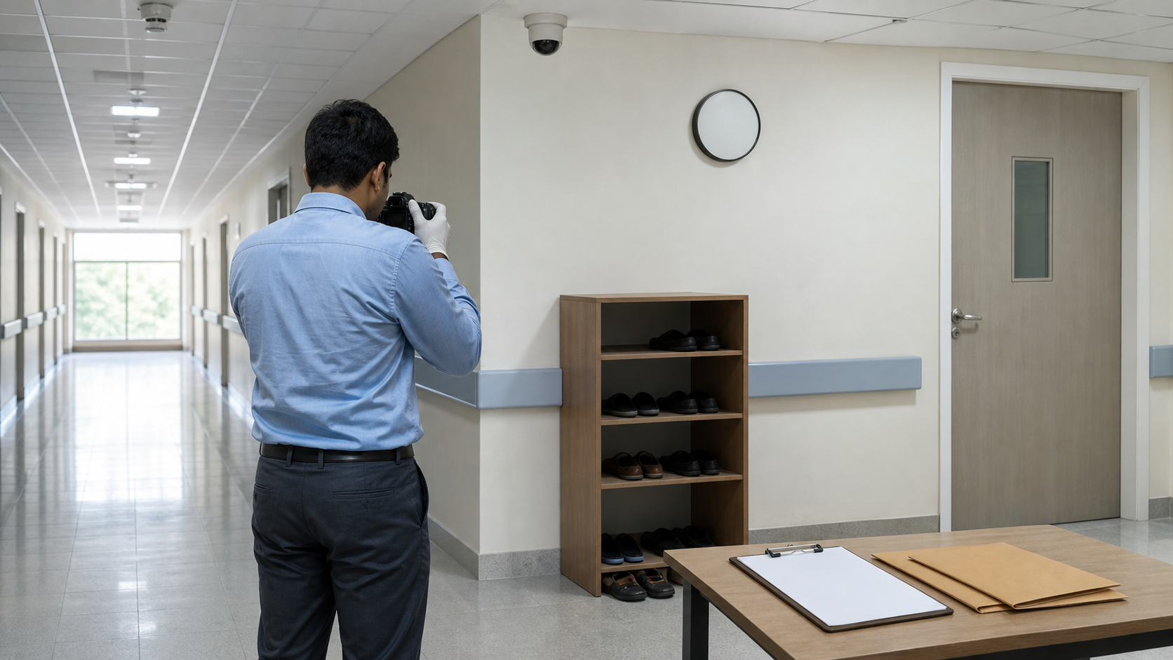 An investigator photographs an empty area near a shoe rack in a hospital corridor while a security camera overlooks the scene.