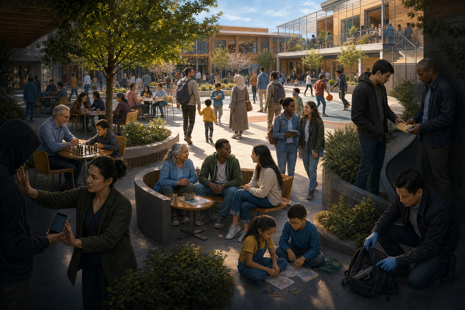 Families and volunteers gather in a community courtyard while a mentor, digital safety specialist, and investigator interrupt a separate shadowed route containing a phone, cash packet, and concealed weapon.