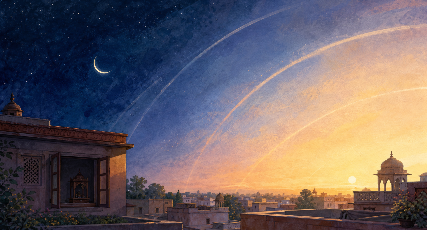 Illustrated predawn sky transitioning into morning above homes, with a waxing crescent moon and a small shrine visible through a window.
