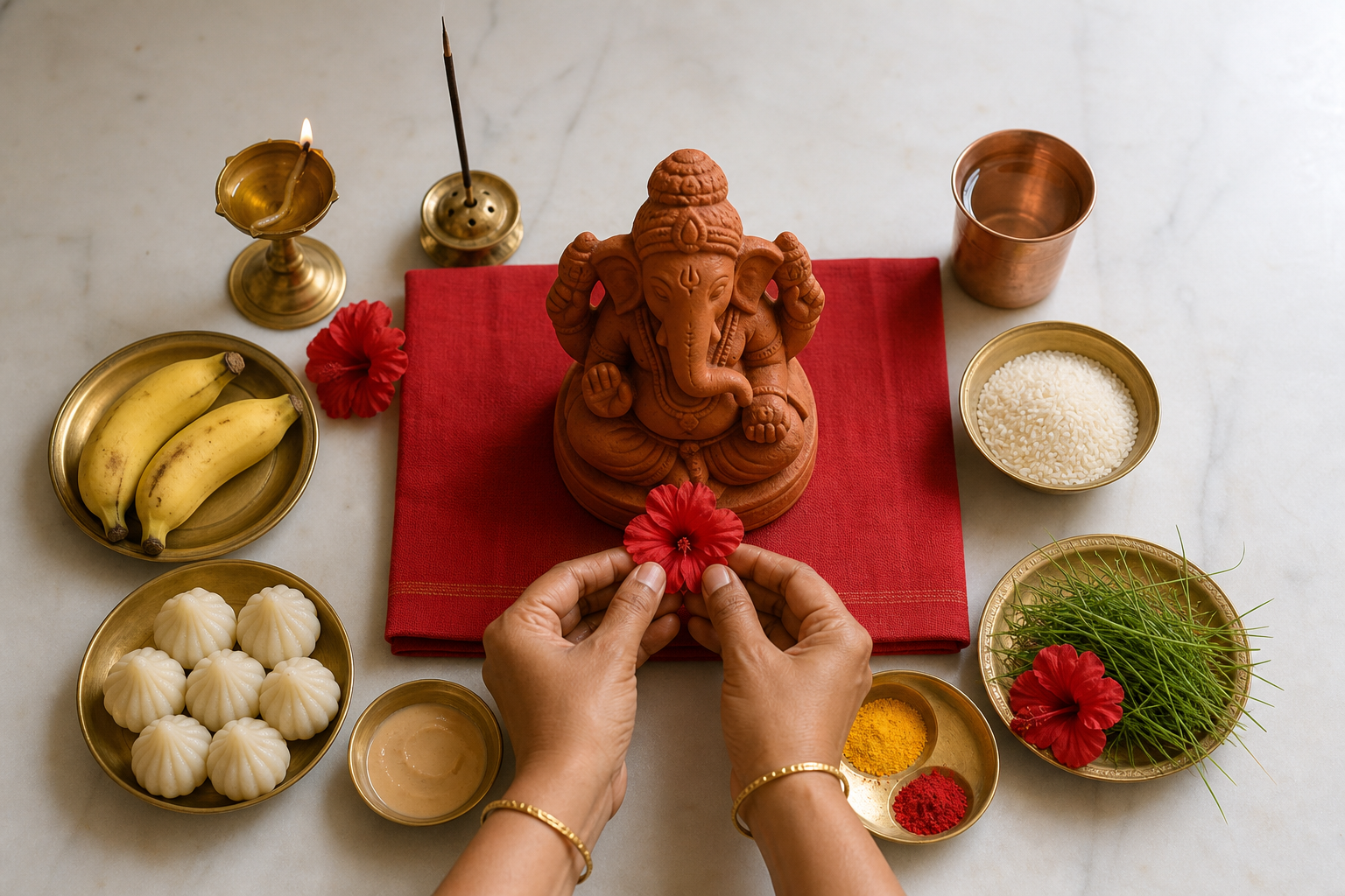 Overhead view of hands placing a flower before a clay Ganesha murti surrounded by a lamp, water, rice, durva grass, fruit, and modaks.