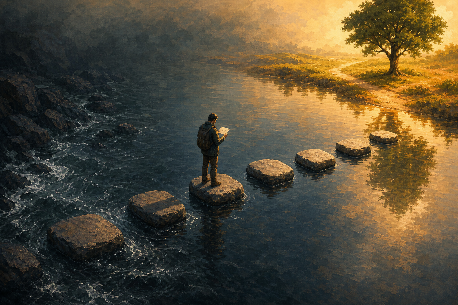A person holding a sealed envelope pauses on a path of eight stepping stones leading from turbulent water toward a sunlit shore.