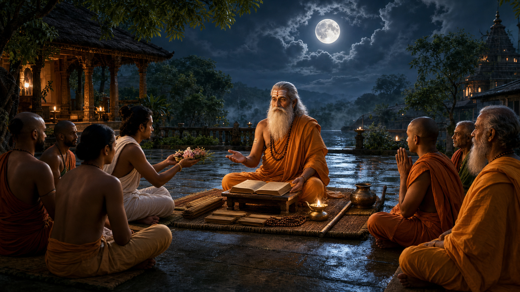 Elderly Hindu guru teaching disciples in a moonlit ashram courtyard on Guru Purnima.