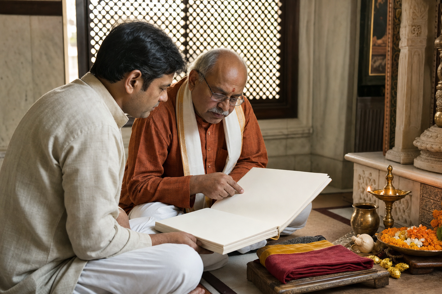 A devotee and a calendar practitioner examine an unmarked almanac beside a simple home puja arrangement.