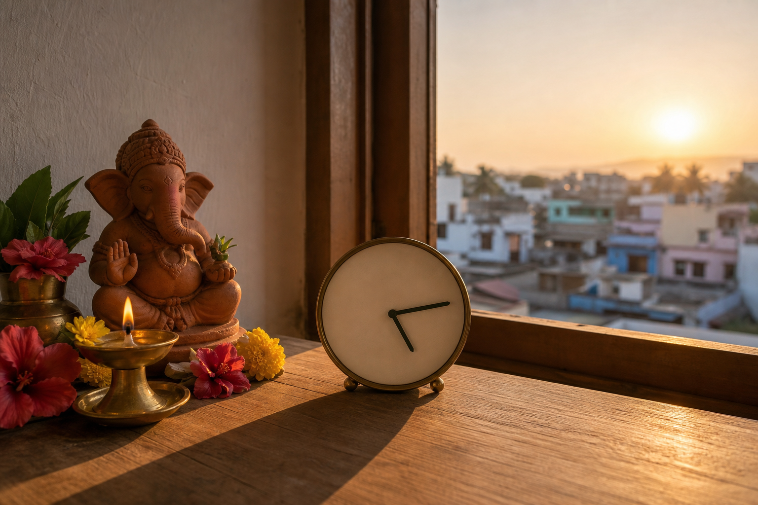 A numberless analog clock beside a small Ganesha shrine as sunlight and window shadows cross a wooden table.