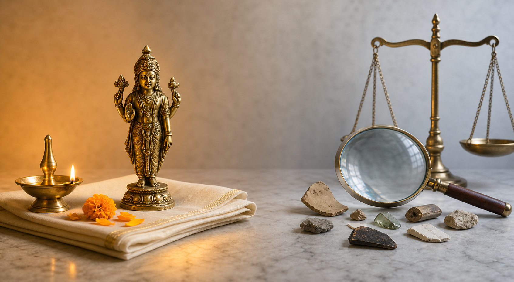 An intact brass Hindu murti, oil lamp, and marigold petals share a tabletop with a magnifying glass and balanced justice scales.