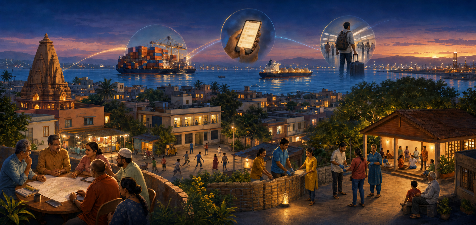 A plural Indian Ocean port neighborhood with homes, a school, community hall, and temple silhouette faces distant cargo, travel, and digital signals while civic leaders and volunteers coordinate nearby.