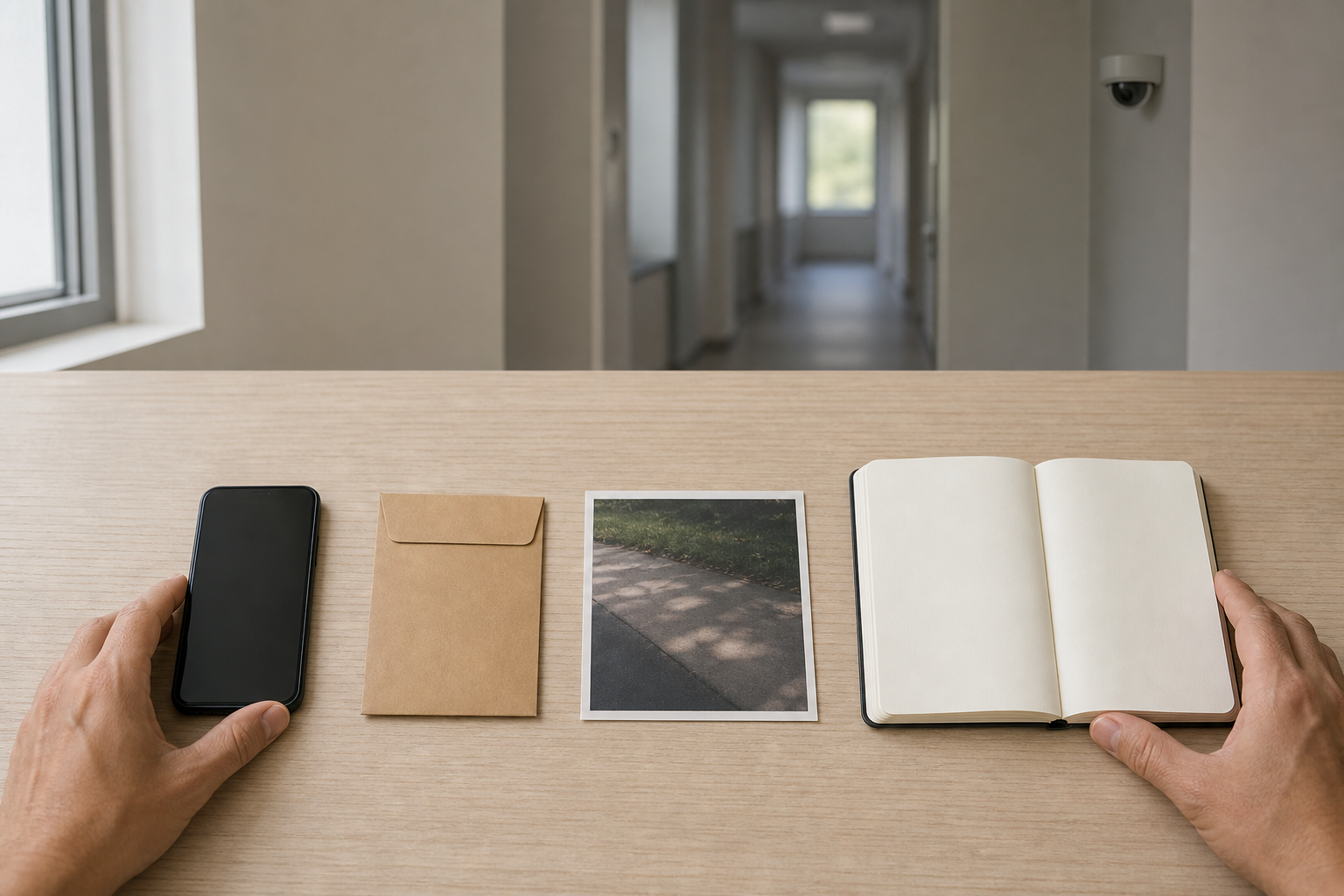A person's hands organize a smartphone, an unmarked envelope, a photograph, and a notebook on a table for evidence preservation.