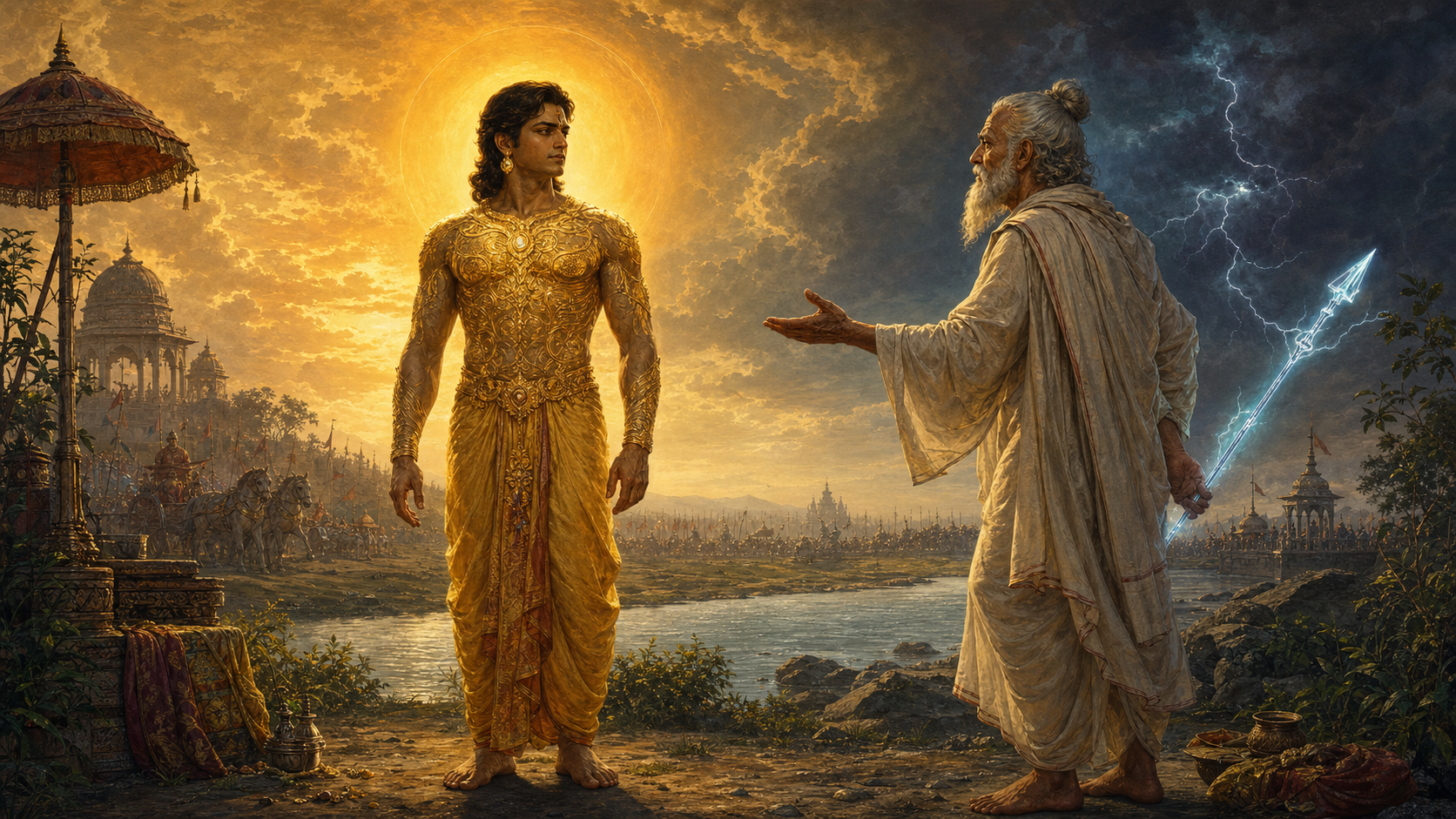 Karna in radiant golden armor faces Indra disguised as an elderly mendicant, with sunlight behind Karna and storm clouds behind the visitor.