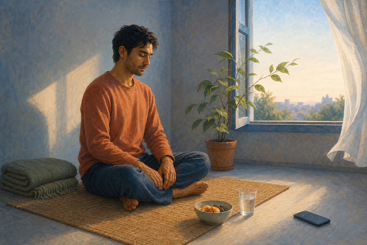 A person sits quietly beside an open window near a folded blanket, simple food, water, a plant, and a phone placed face down.