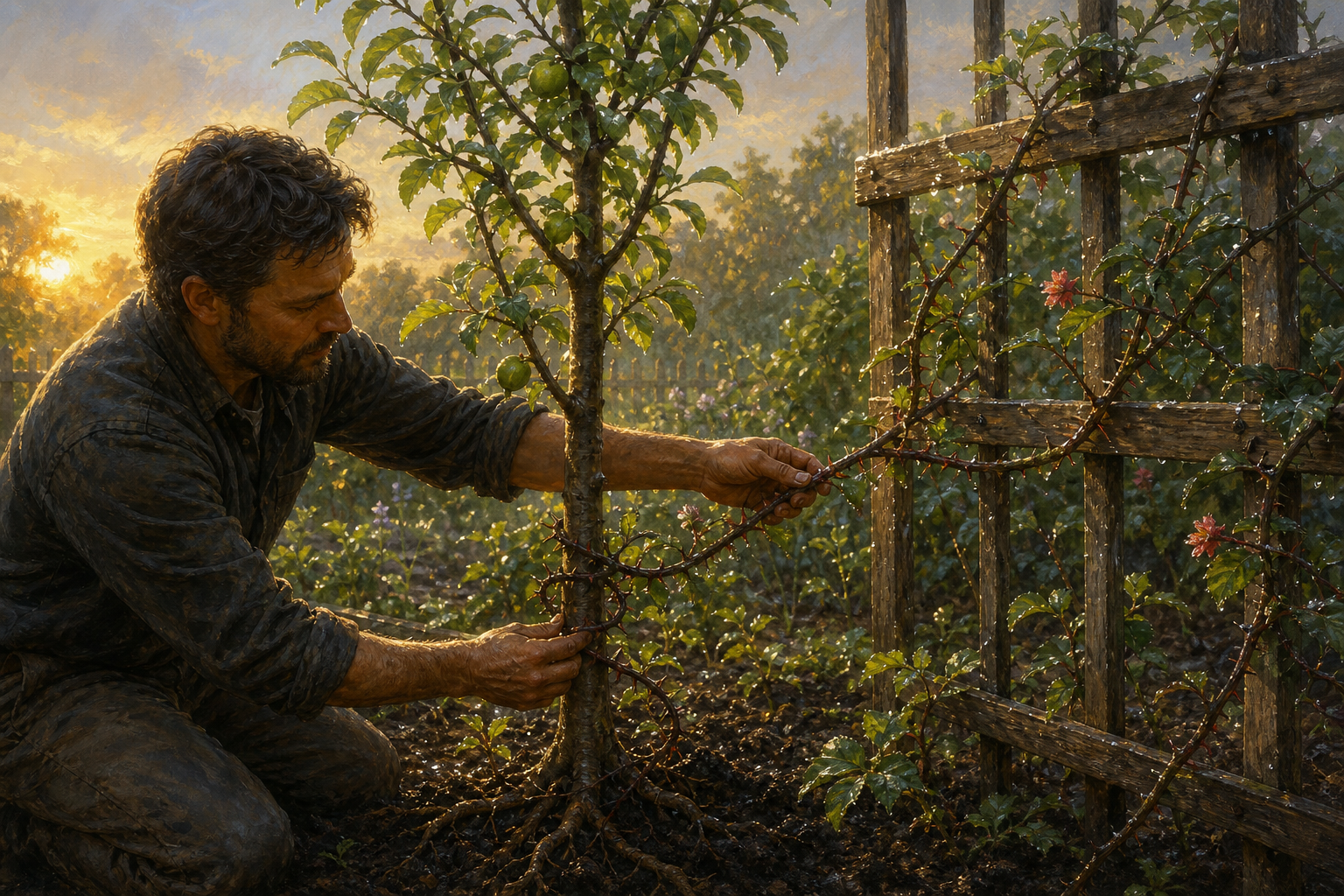 A gardener gently moves a thorny flowering vine from a young tree onto a nearby wooden trellis.