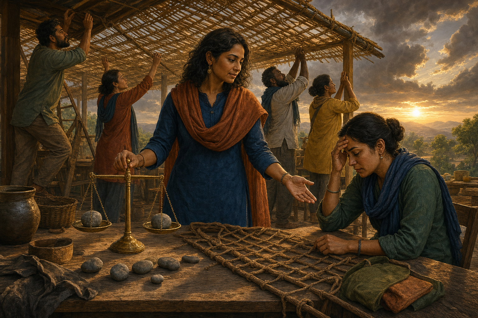 A leader stands with a colleague beside unfinished work, holding one hand open while steadying a brass balance as a team repairs a canopy behind them.