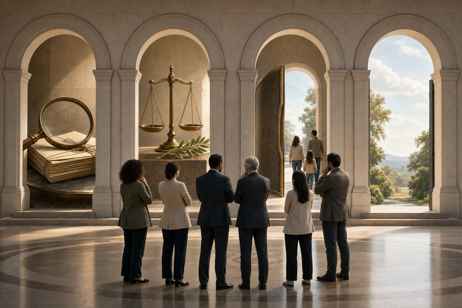 Decision-makers stand before a series of stone archways containing sealed evidence, balanced scales, an olive branch, a protective shield, and a final sunlit exit.