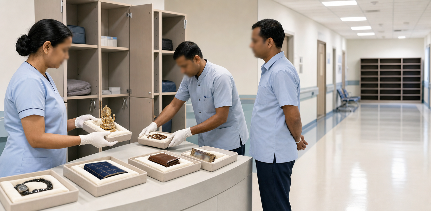 Hospital workers place personal devotional objects into separate padded storage trays at a clean service counter.