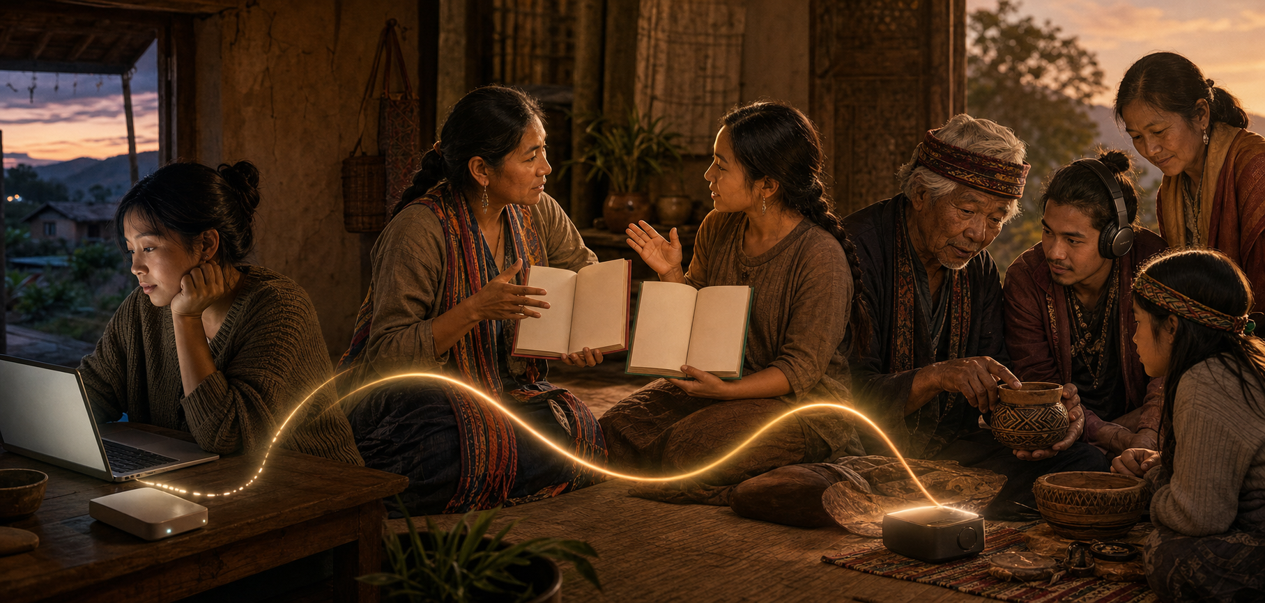 A remote learner uses a laptop, an interpreter helps compare learning materials, and community members share local knowledge across generations.