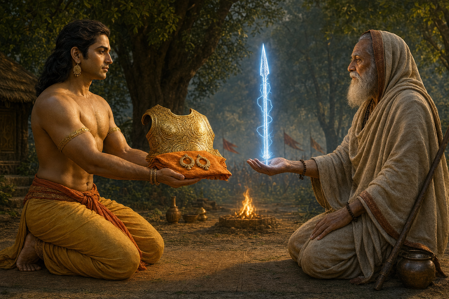 Karna contemplates a warning at dawn while several faint paths and indistinct messenger figures symbolize different versions of how the warning reaches him.