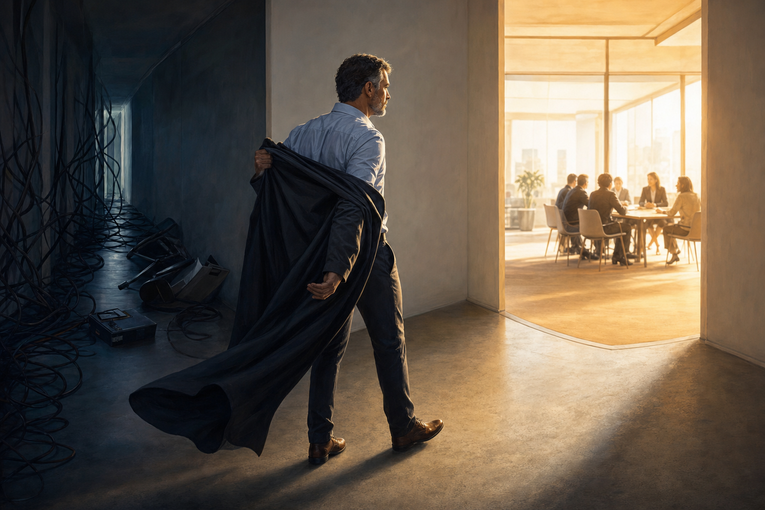 A professional pauses beside a reflective glass wall while a tangled shadow stretches behind them and colleagues remain visible through a doorway.