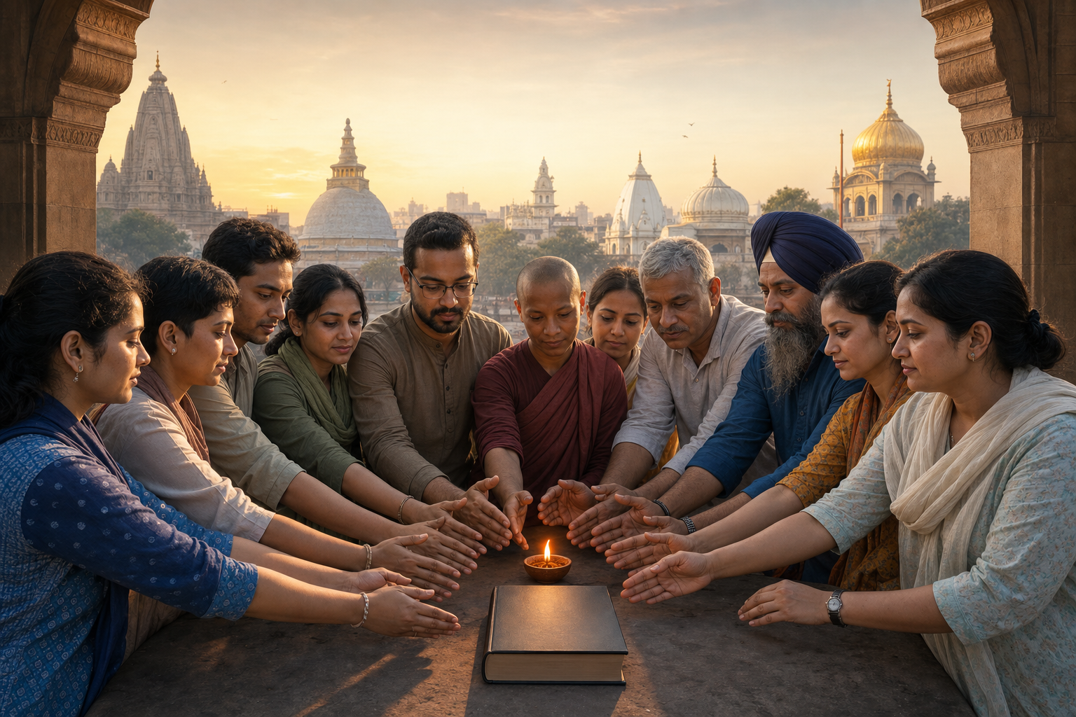 A diverse group of Dharmic community volunteers gathers around a glowing lamp and an unmarked legal volume, with several places of worship visible beyond an open gateway.