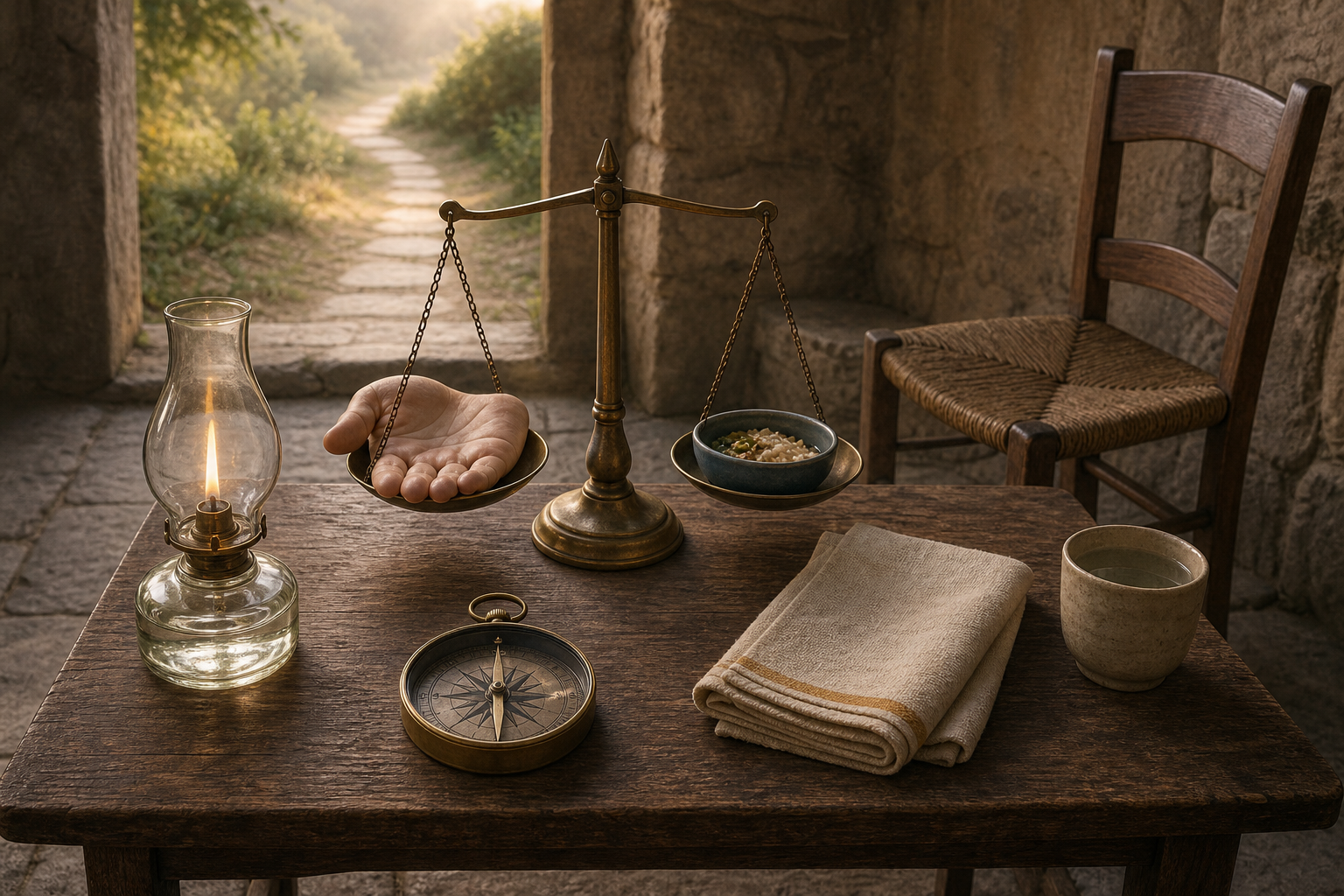 An oil lamp, brass scale, compass, folded cloth, bowl, and open hand are arranged on a wooden table in a balanced radial composition.