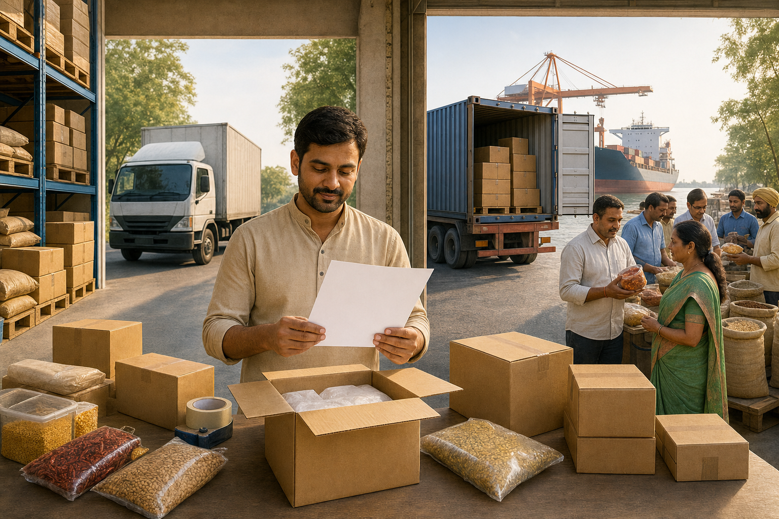 An Indian exporter reviews a blank certification document beside packaged foods, with separate routes leading to domestic and international buyers.