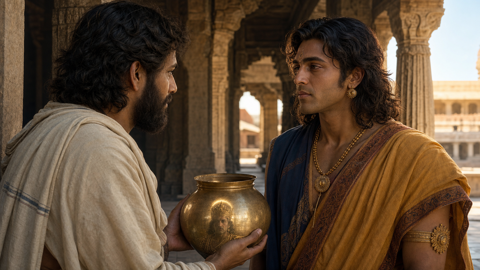 Indra appears as a Brahmin before Karna, while his reflection in a brass vessel subtly reveals a concealed celestial identity.