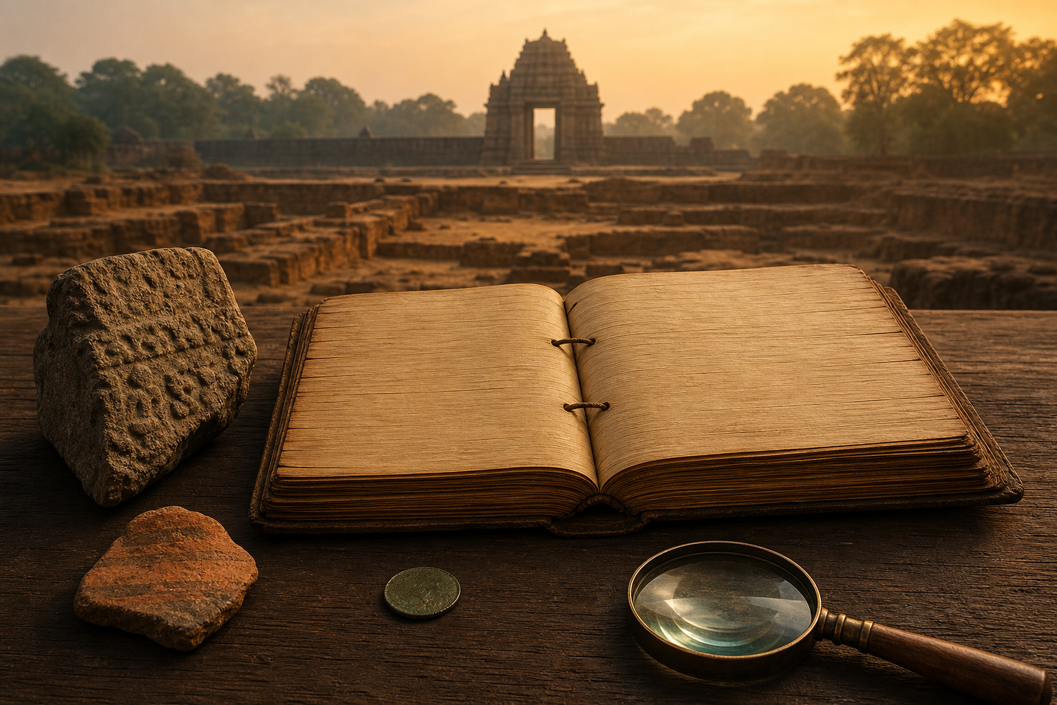 An open palm-leaf manuscript rests beside a stone inscription fragment, pottery shard, copper coin, and magnifying lens on a wooden table, with an ancient temple gateway in the distance.