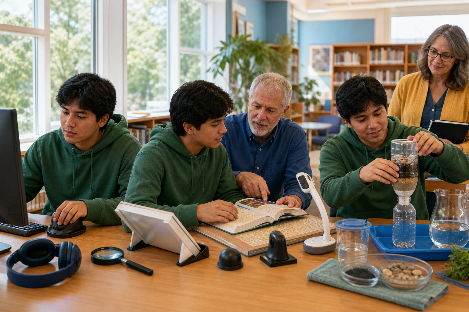 A learner finds a digital resource, reviews it with a mentor and applies the information in a simple water-filtration demonstration.