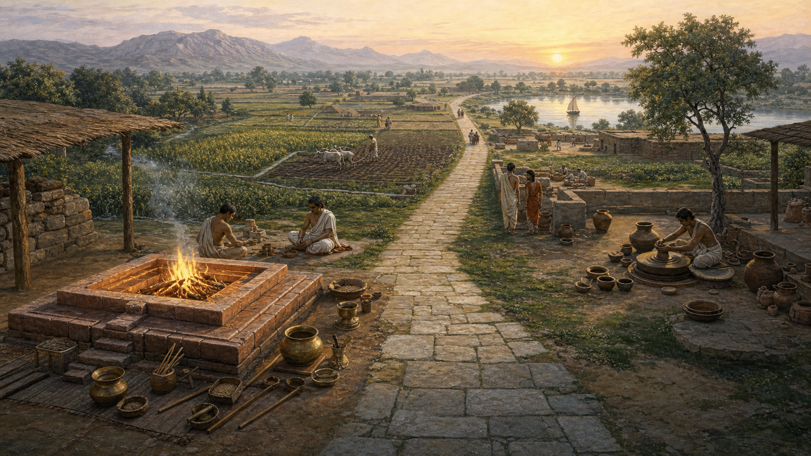 A stone path leads from a carefully arranged brick fire altar through fields and a potter's courtyard toward mountains under a bright horizon.